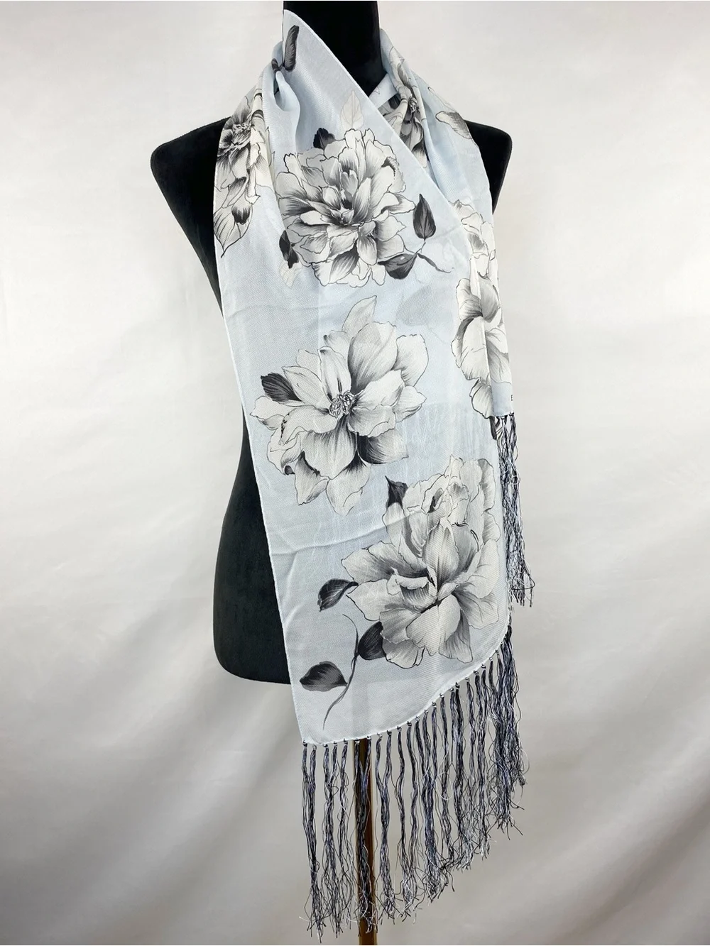 ECHO 100% Silk Light Blue Gray Floral Rose Print Long Fringe Scarf 65”X 10.75”